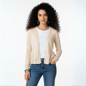 Angel of the North Cream Lightweight Cardigan Sweater Med -Missing Drawstring